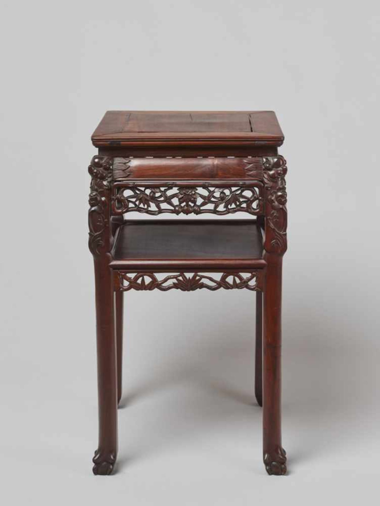 A FINELY CARVED SQUARE WOODEN TWO-STOREY HIGH TABLE, QING DYNASTY Made of several jointed pieces - Image 2 of 7