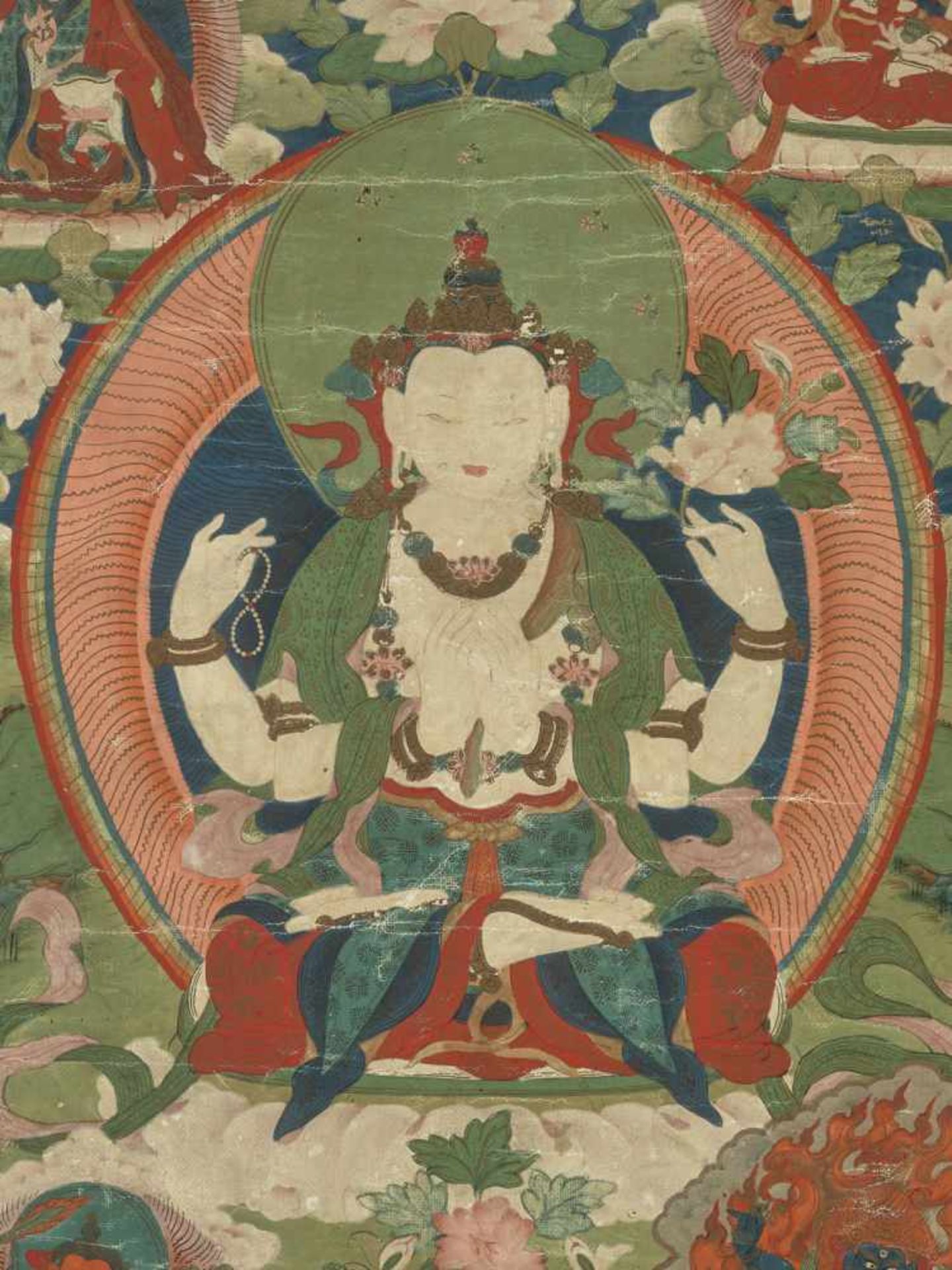 A FINE 18TH CENTURY THANGKA DEPICTING AVALOKITESHVARA SHADAKSHARI Distemper and gold paint on cloth, - Image 3 of 10