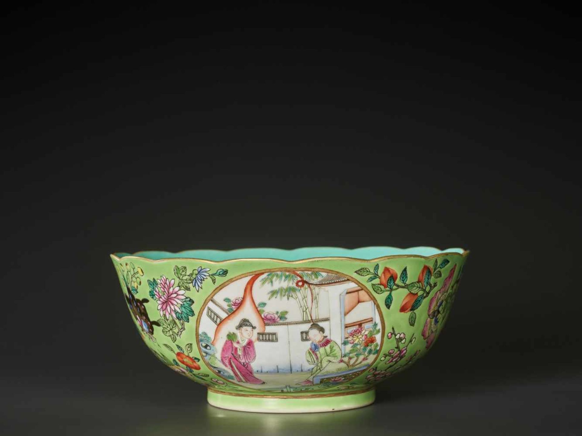 A RARE FAMILLE ROSE LIME-GROUND ‘MUDAN TING’ BOWL AND COVER, DAOGUANG Daoguang six-character seal