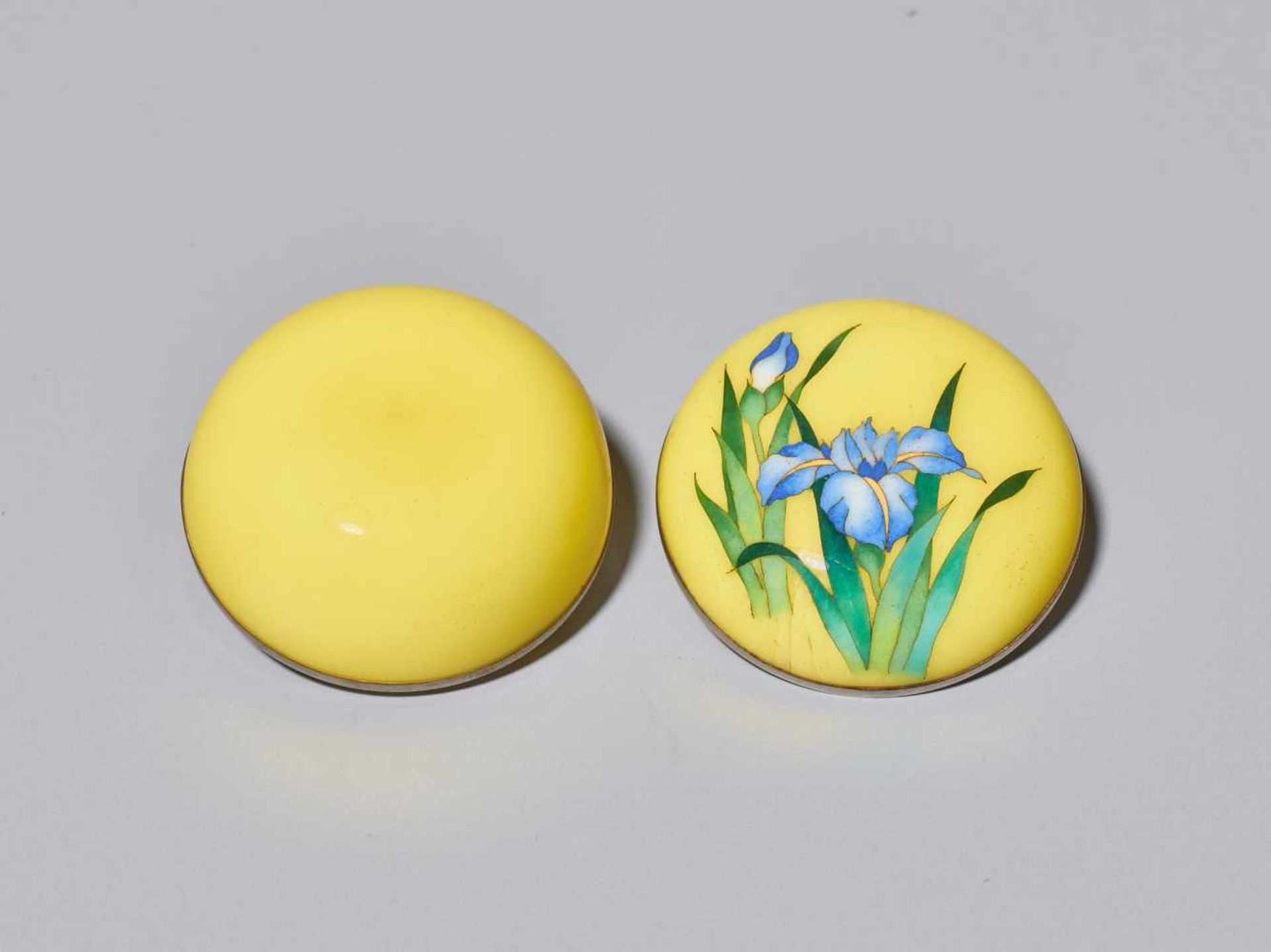 A JAPANESE CLOISONNÉ ENAMEL CIRCULAR BOX AND COVER WITH IRIS BLOSSOMS Cloisonné with colored - Image 4 of 6