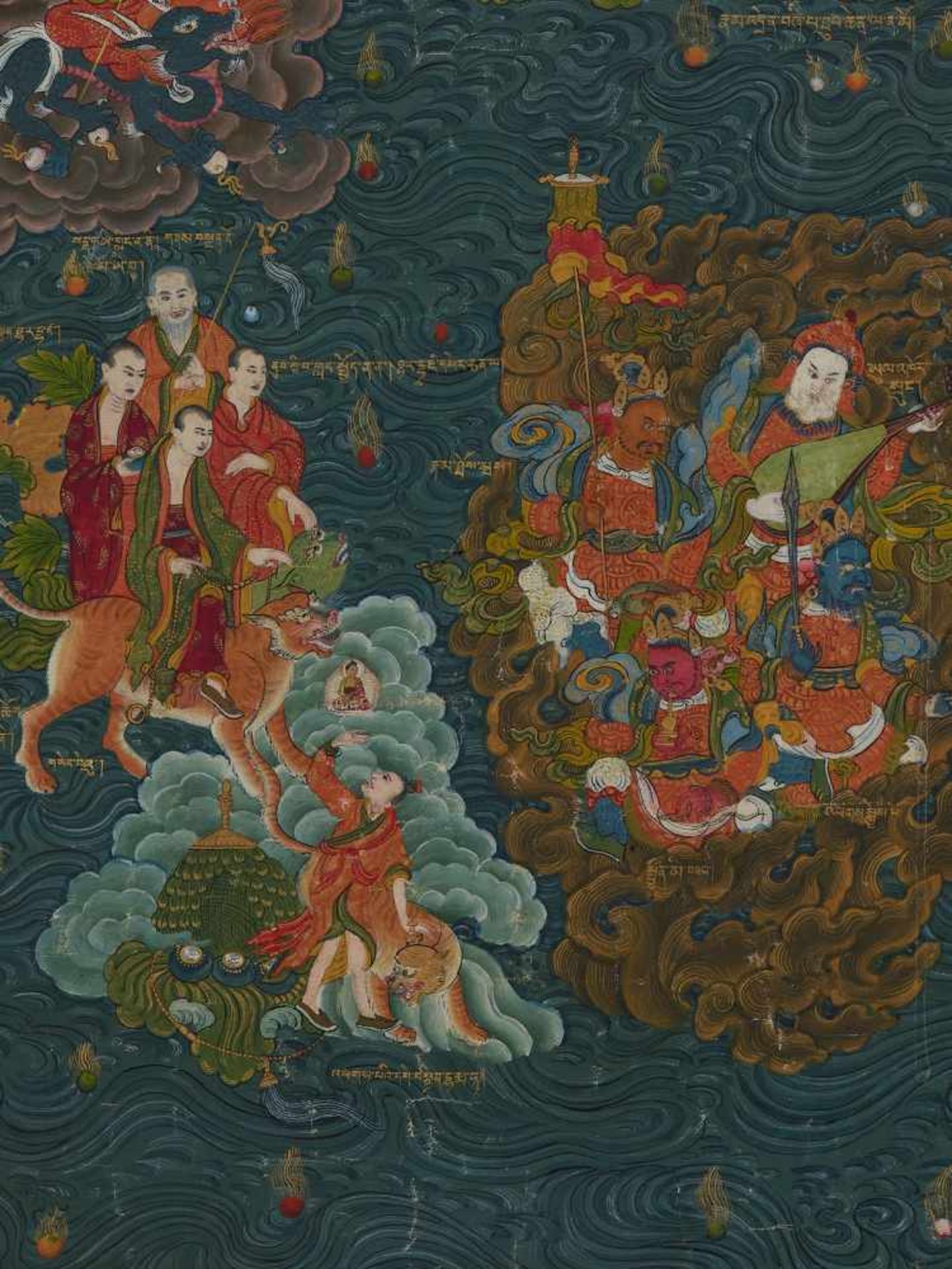 A RARE 19th CENTURY THANGKA ‘HVASHANG RETURNING TO CHINA WITH THE 16 ARHATS’ Distemper and gold - Image 4 of 7