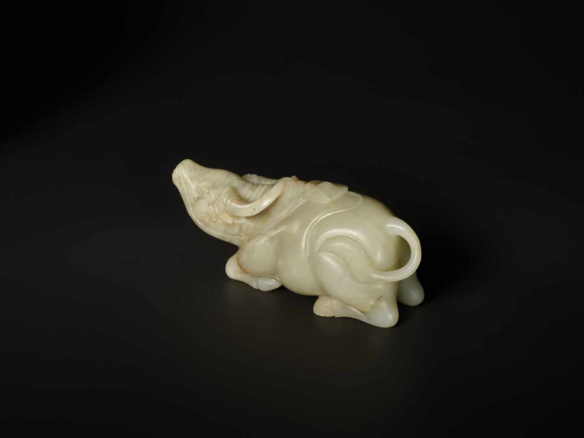 A FINELY CARVED CELADON JADE MODEL OF ‘WATER BUFFALO AND DOULI’ 18TH CENTURY Nephrite of pale - Image 4 of 9