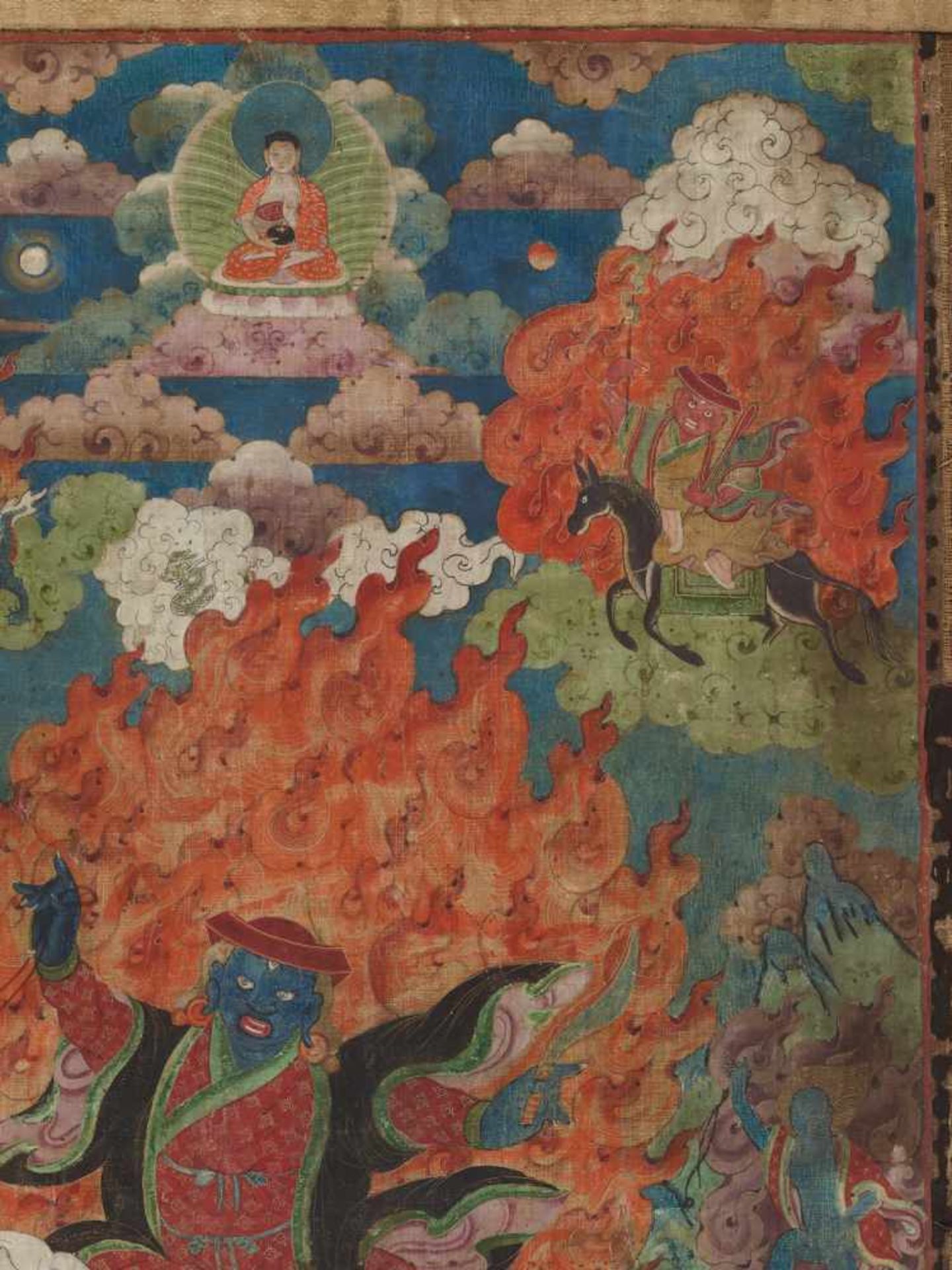 A RARE 19th CENTURY THANGKA DEPICTING PEHAR GYALPO Distemper and gold paint on cloth, framed in - Image 5 of 9