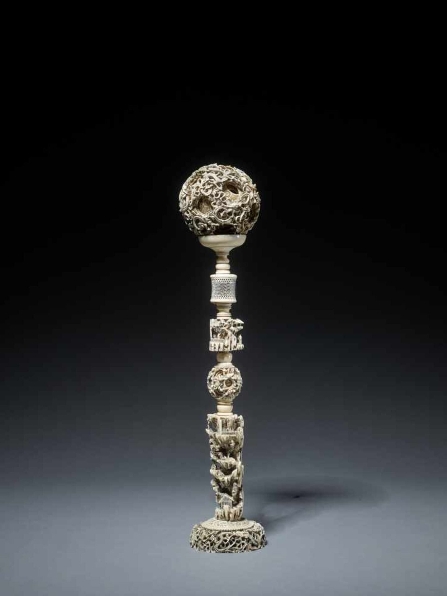 AN IMPORTANT CANTON SCHOOL ‘21-LAYER’ MAGIC IVORY BALL ON A TALL STAND, QING DYNASTY Carved ivory - Image 4 of 11