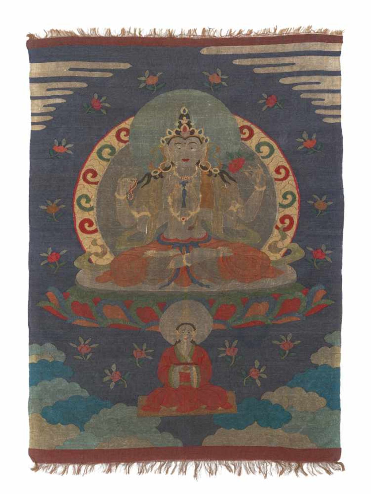 A VERY RARE SILK KESI THANGKA WITH AVALOKITESHVARA, 18th CENTURY Silk with Kesi weaving, silk and