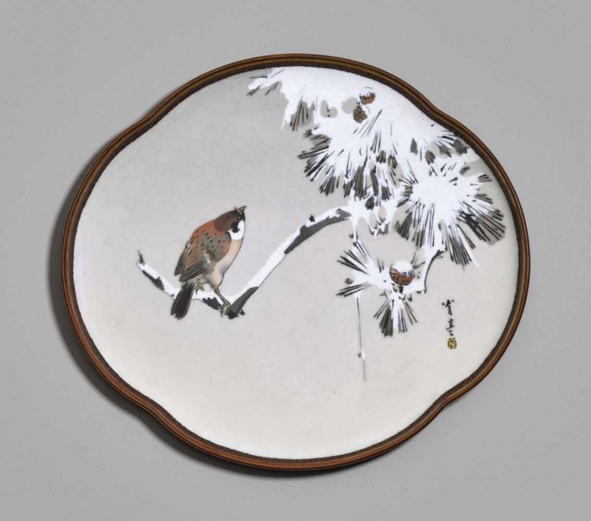 A ‘WINTER’ CLOISONNÉ PLATE, BY NAMIKAWA SOSUKE, SIGNED WATANABE SEITEI Cloisonné with colored