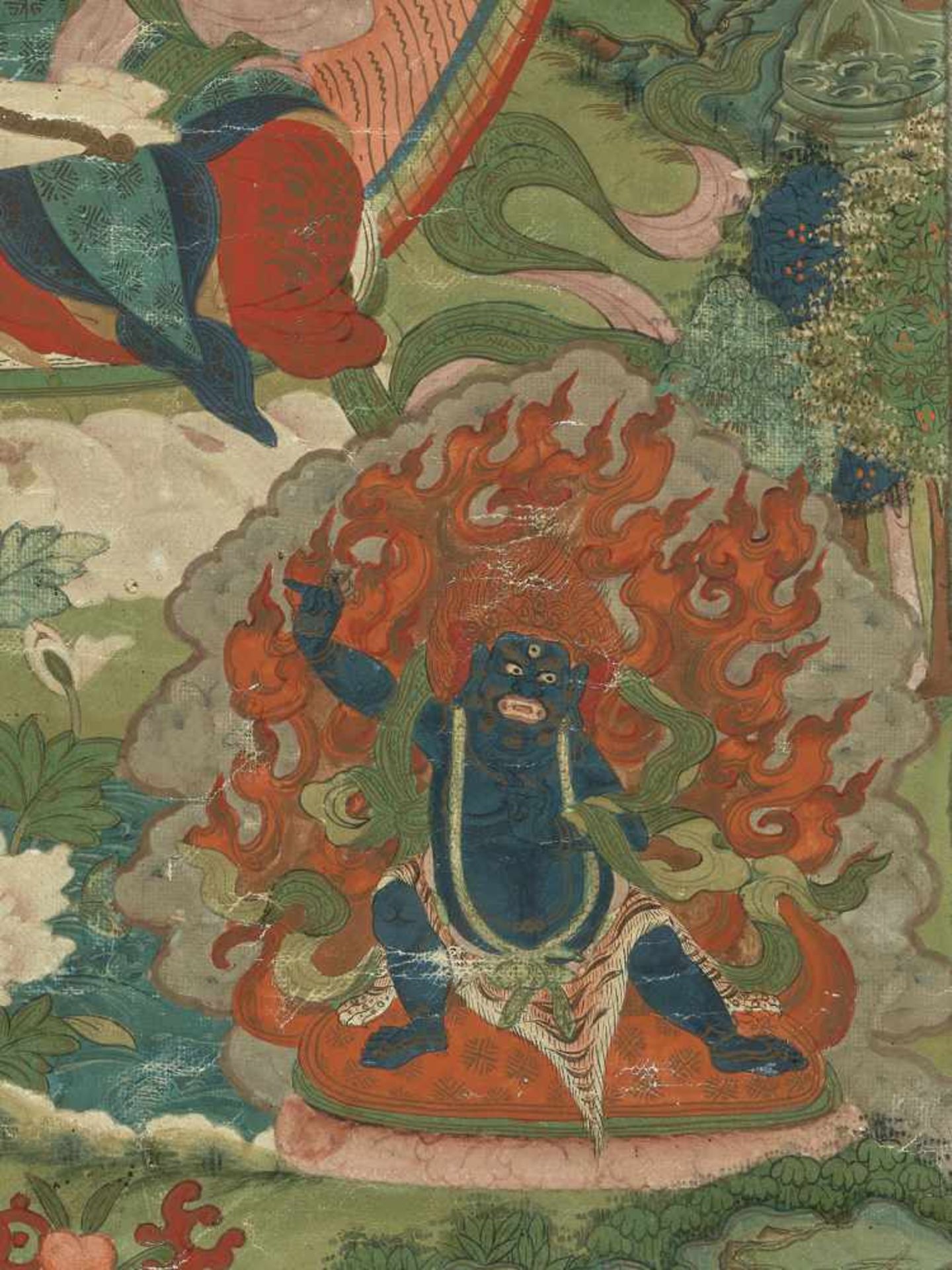 A FINE 18TH CENTURY THANGKA DEPICTING AVALOKITESHVARA SHADAKSHARI Distemper and gold paint on cloth, - Image 6 of 10