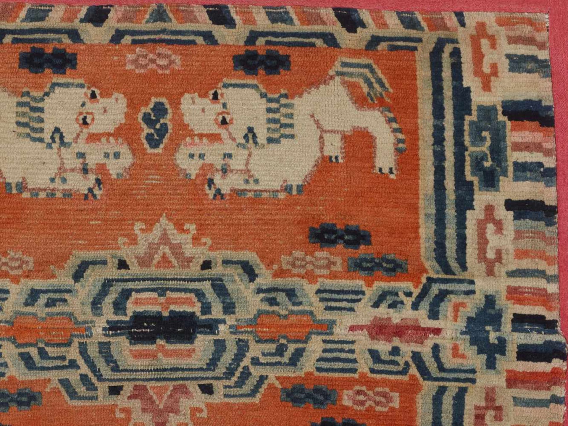 A MAKSHO TIBETAN SADDLE RUG WITH BUDDHIST LIONS, 19th CENTURY Wool and fabric Tibetan, 19th - Image 3 of 5