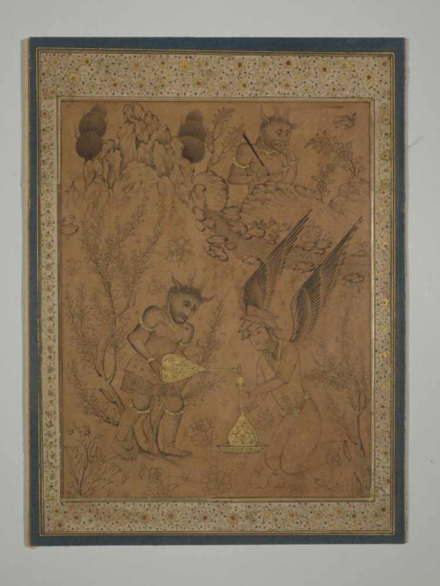 AN OTTOMAN DRAWING OF A PERI WITH SHURALE Ink and gold on very thin paper, laid down on cardboard, - Image 6 of 6