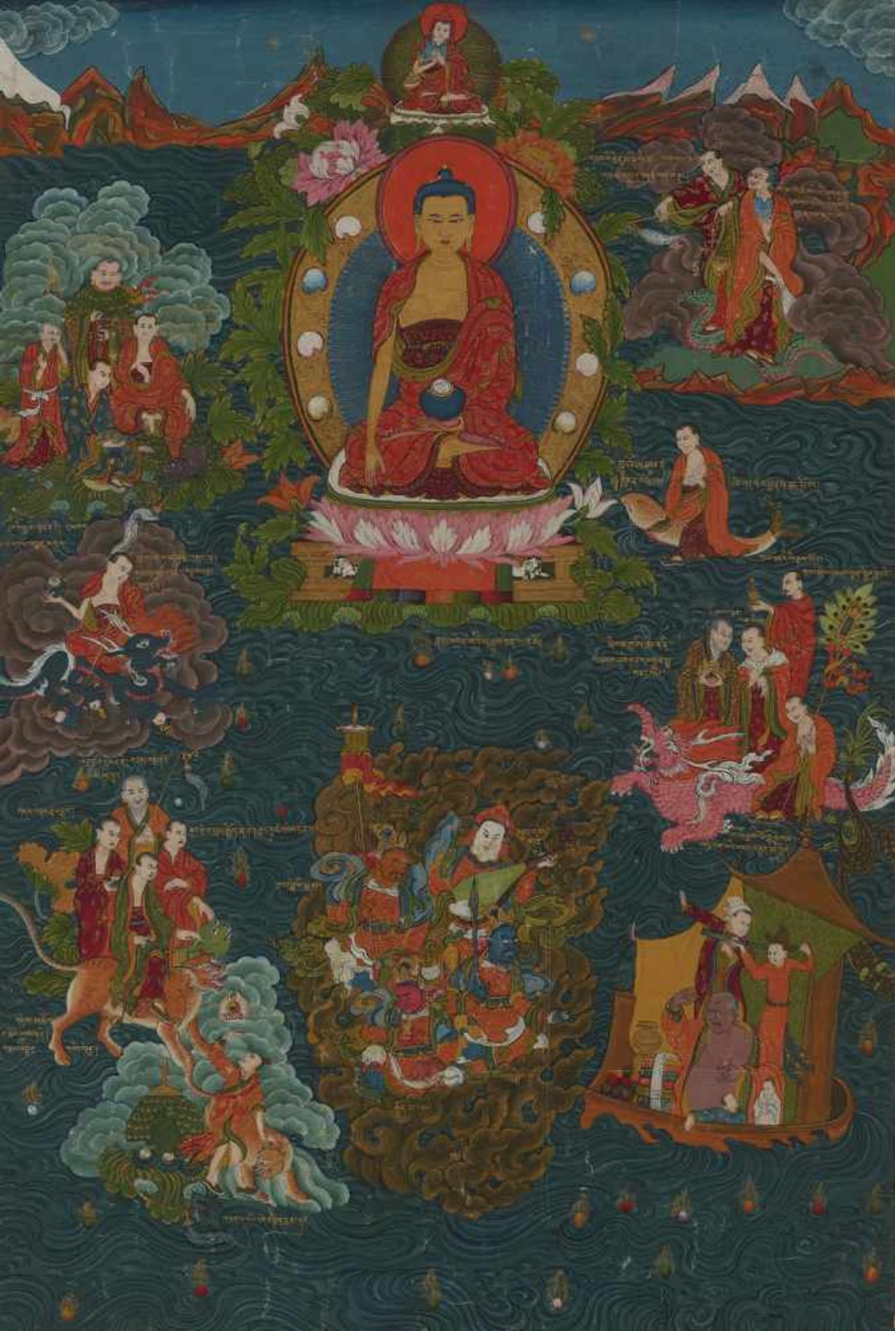 A RARE 19th CENTURY THANGKA ‘HVASHANG RETURNING TO CHINA WITH THE 16 ARHATS’ Distemper and gold