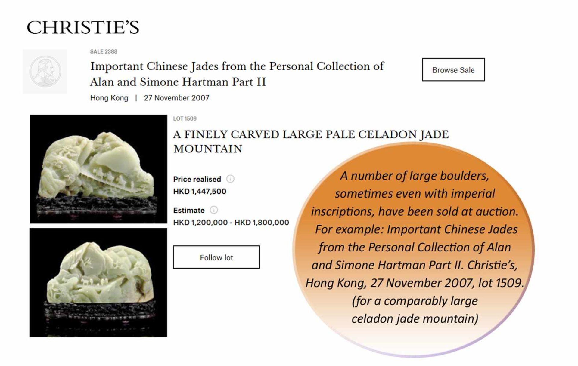 A SUPERB AND VERY LARGE CELADON AND RUSSET ‘SEVEN IMMORTALS’ JADE MOUNTAIN, 17th – 18th CENTURY - Image 18 of 24