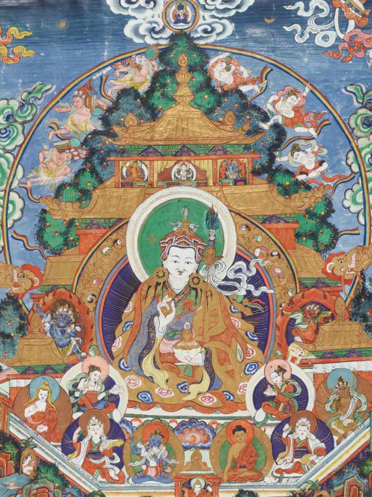 A MAGNIFICENT THANGKA OF GURU RINPOCHE IN ZANGDOK PALRI Distemper and gold paint on cloth, framed by - Image 3 of 7