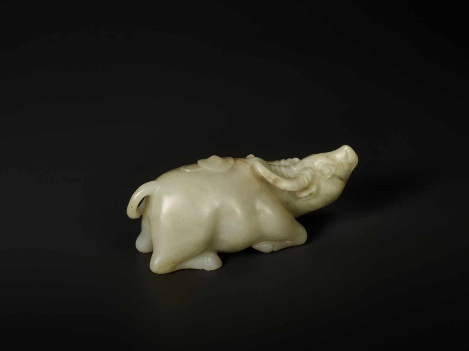 A FINELY CARVED CELADON JADE MODEL OF ‘WATER BUFFALO AND DOULI’ 18TH CENTURY Nephrite of pale - Image 7 of 9