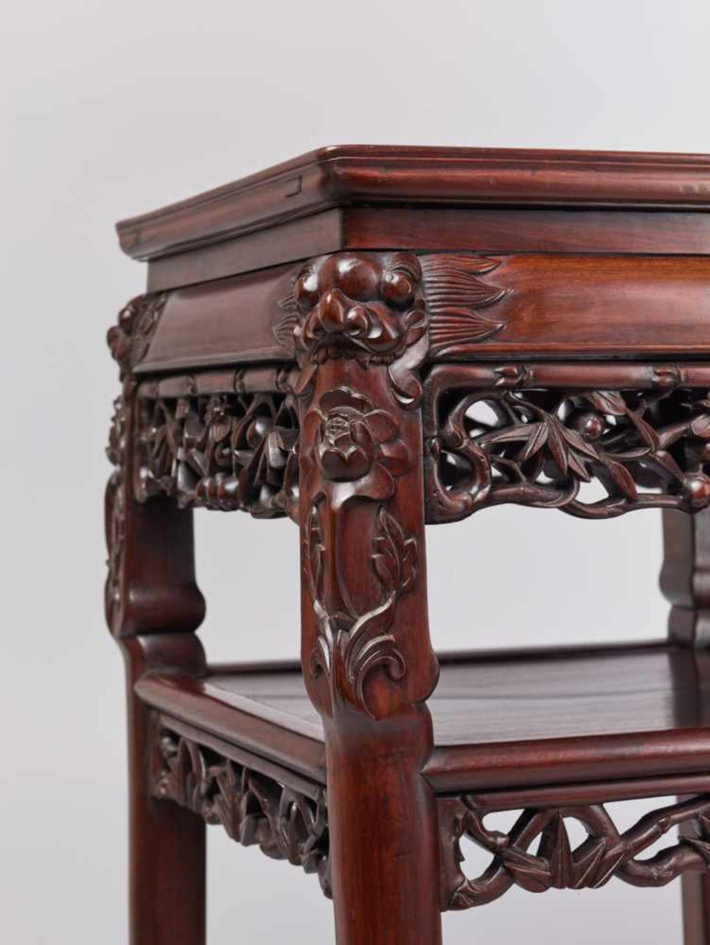 A FINELY CARVED SQUARE WOODEN TWO-STOREY HIGH TABLE, QING DYNASTY Made of several jointed pieces - Image 3 of 7