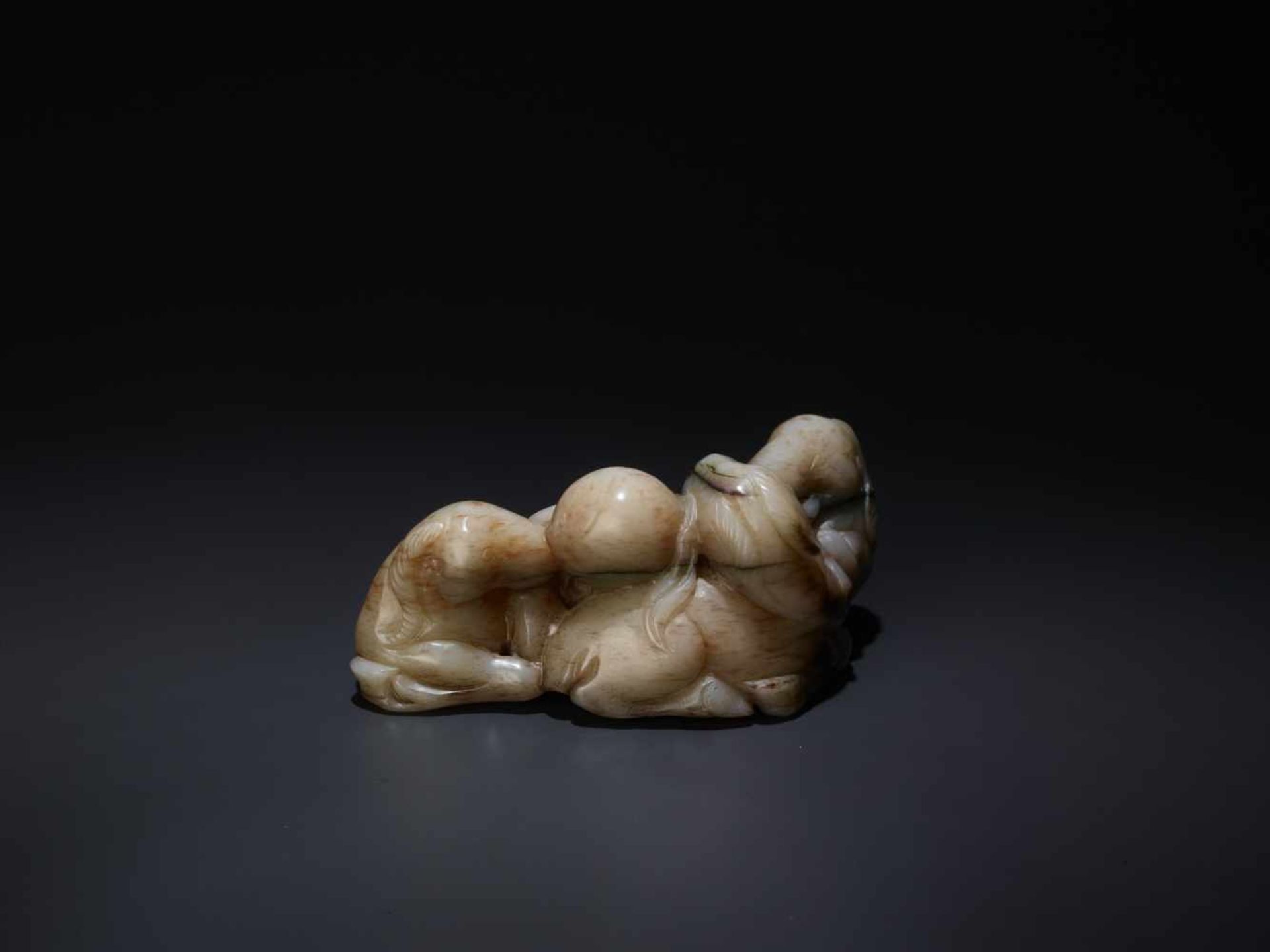 A CHICKEN BONE ‘SAN YANG’ THREE RAMS JADE GROUP, 17TH CENTURY The greyish-white nephrite suffused - Image 6 of 8