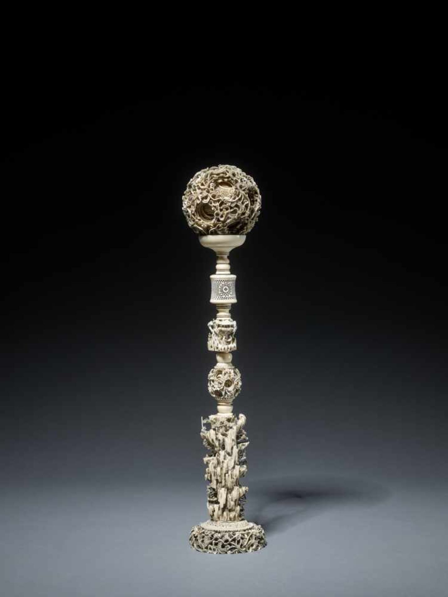 AN IMPORTANT CANTON SCHOOL ‘21-LAYER’ MAGIC IVORY BALL ON A TALL STAND, QING DYNASTY Carved ivory - Image 5 of 11