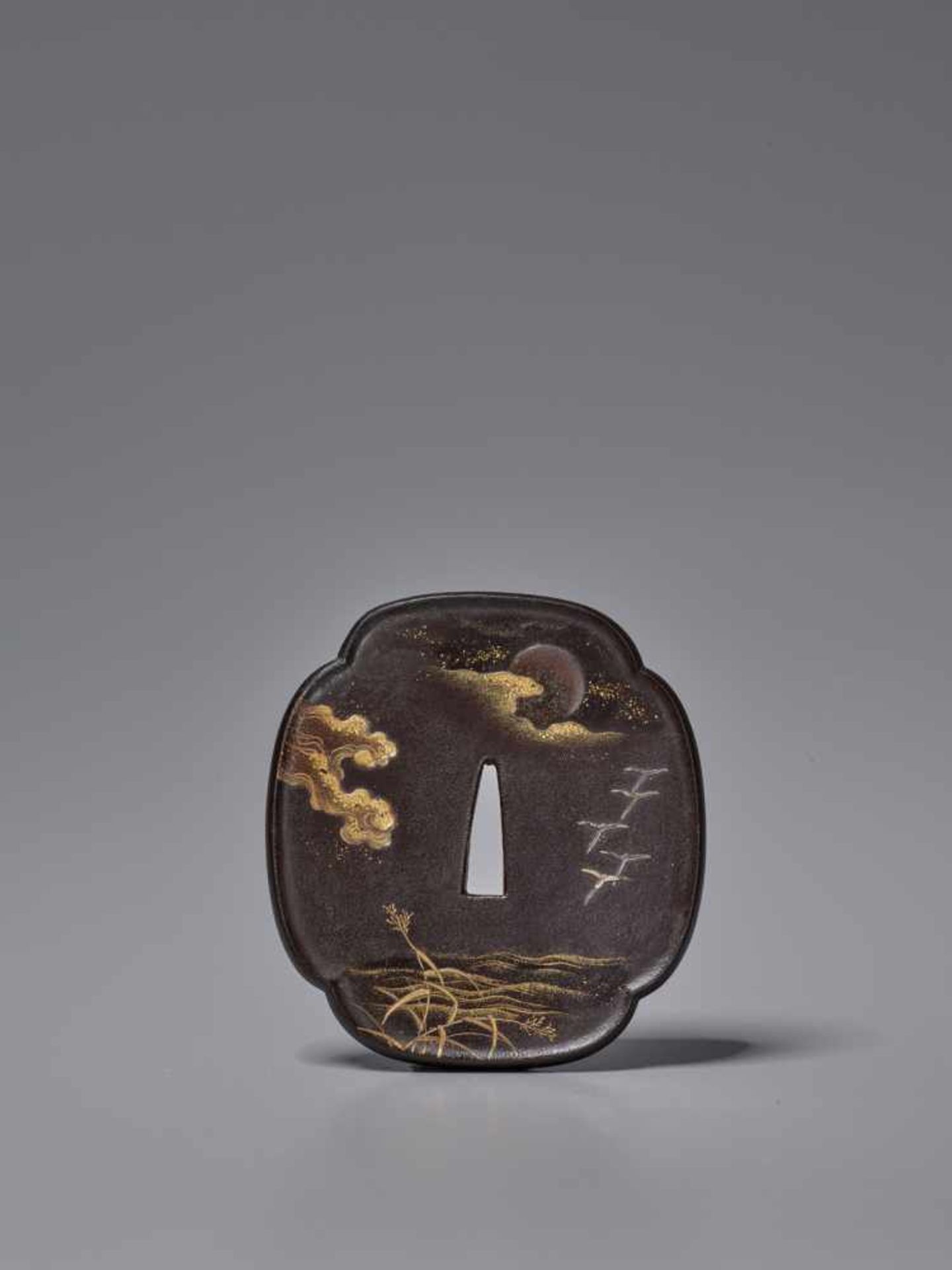 A RARE LACQUERED TSUBA WITH FULL MOON AND GEESE BY YAMADA TSUNEYOSHI Lacquered woodJapan, Edo period - Image 2 of 9
