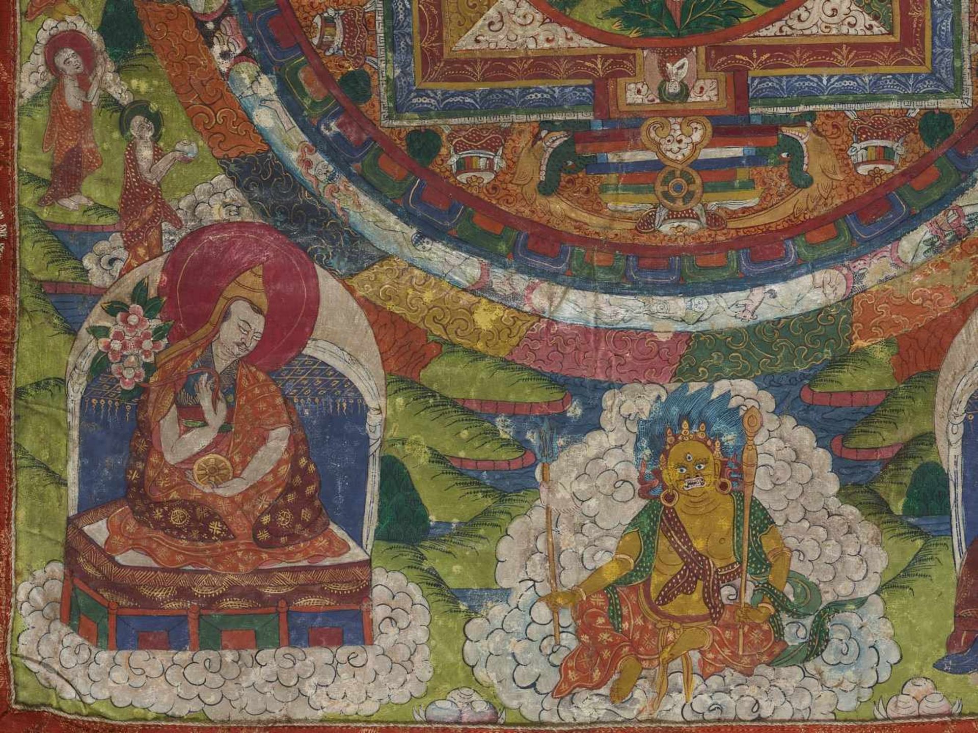 A FIGURE FILLED MANDALA THANGKA WITH CHAKRASAMVARA IN YAB YUM Distemper and gold paint on cloth, - Image 4 of 5