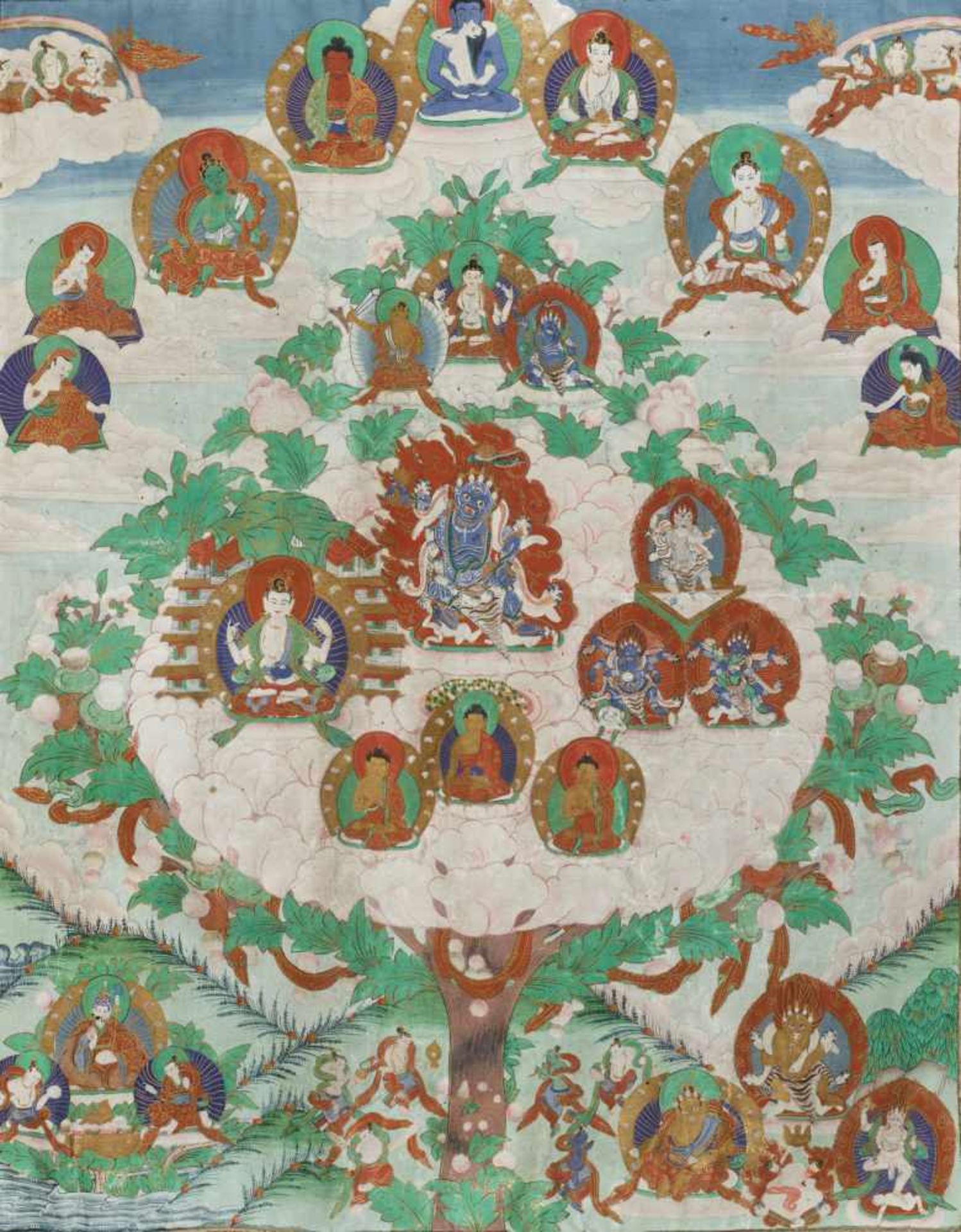 A FINE THANGKA WITH DEITIES IN LOTUS TREE Distemper and gold paint on cloth, framed by segmented