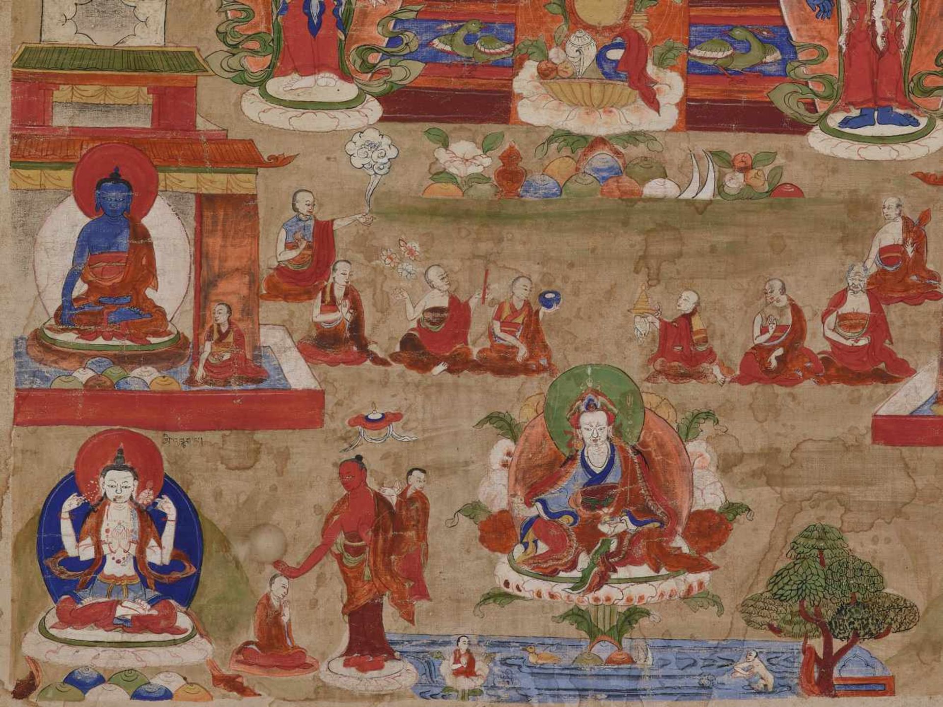 A 19th CENTURY THANGKA DEPICTING AMITABHA IN SUKHAVATI Distemper on cloth, framed in plain linen - Image 5 of 7