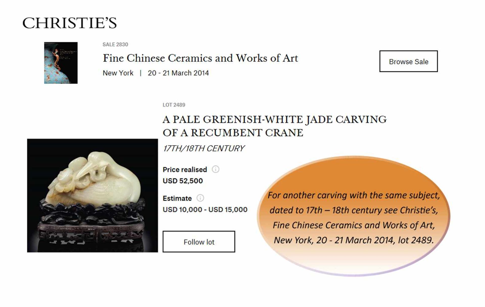 A CELADON AND RUSSET JADE 'RECUMBENT CRANE AND PEACHES' CARVING, MING DYNASTY The nephrite of - Image 2 of 8