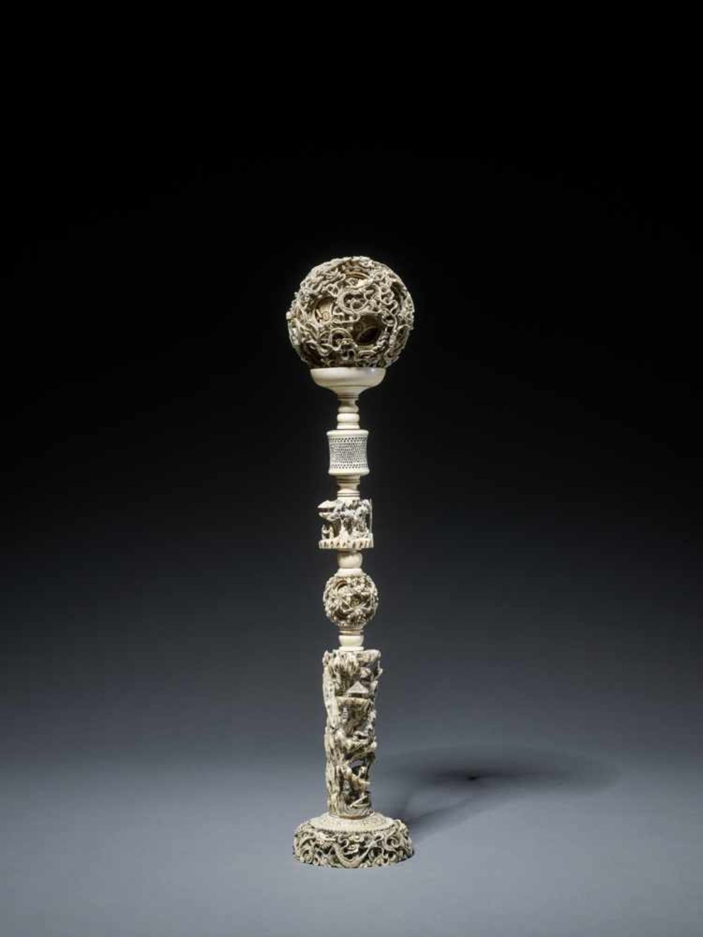 AN IMPORTANT CANTON SCHOOL ‘21-LAYER’ MAGIC IVORY BALL ON A TALL STAND, QING DYNASTY Carved ivory - Image 6 of 11