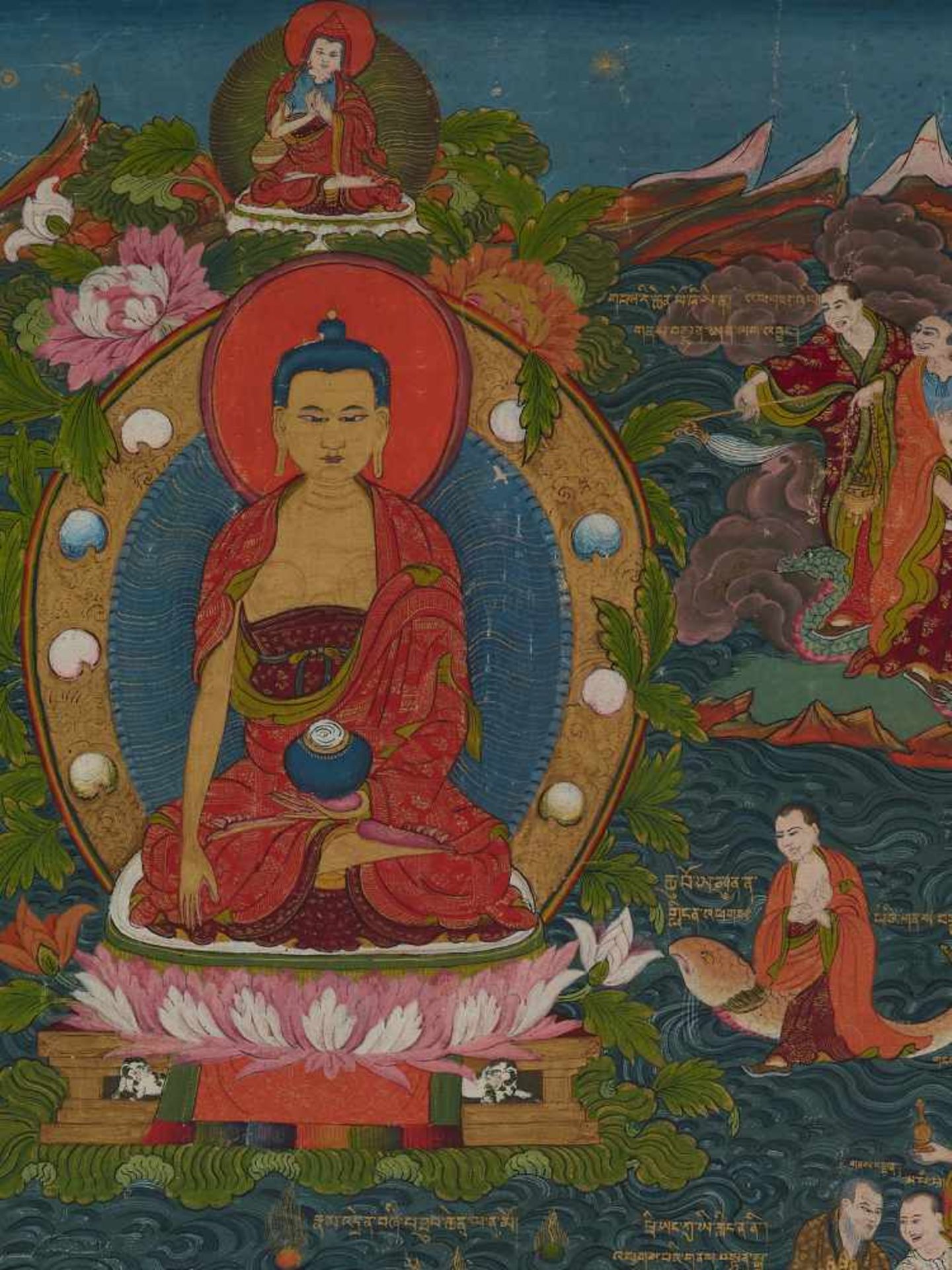 A RARE 19th CENTURY THANGKA ‘HVASHANG RETURNING TO CHINA WITH THE 16 ARHATS’ Distemper and gold - Image 3 of 7