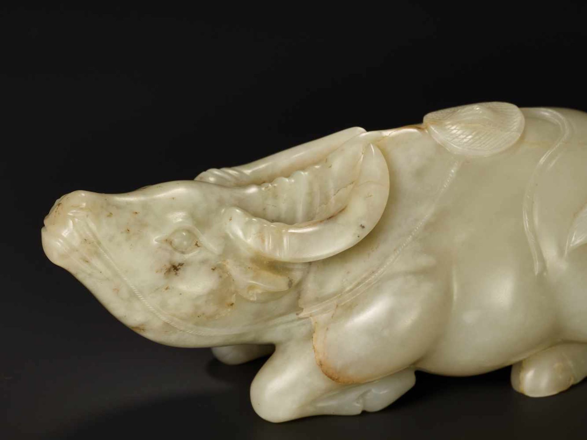 A FINELY CARVED CELADON JADE MODEL OF ‘WATER BUFFALO AND DOULI’ 18TH CENTURY Nephrite of pale - Image 5 of 9