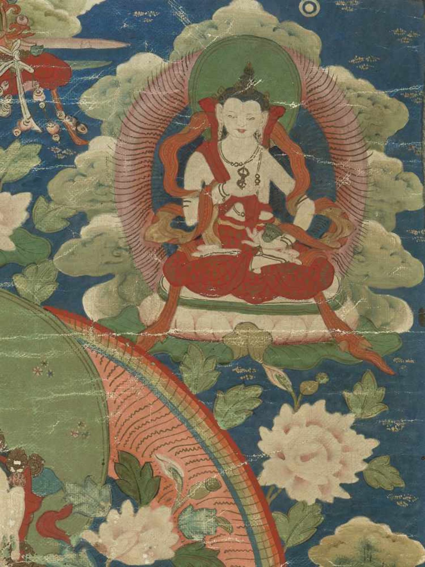 A FINE 18TH CENTURY THANGKA DEPICTING AVALOKITESHVARA SHADAKSHARI Distemper and gold paint on cloth, - Image 5 of 10