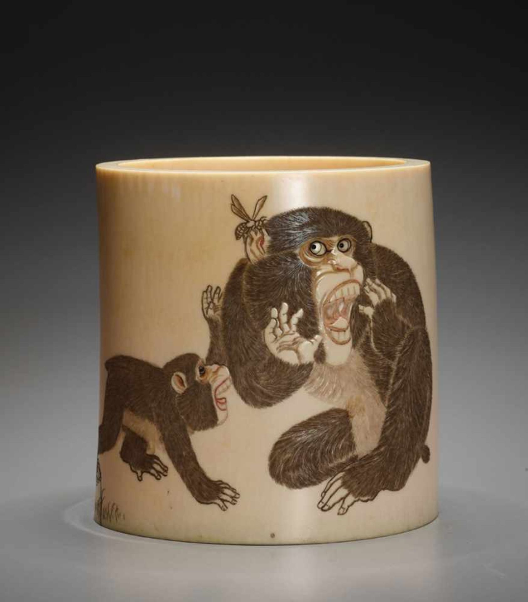 AN JAPANESE IVORY TUSK FUDETATE BRUSH POT WITH FOUR MONKEYS IvoryJapan, Meiji period (1868 - 1912)