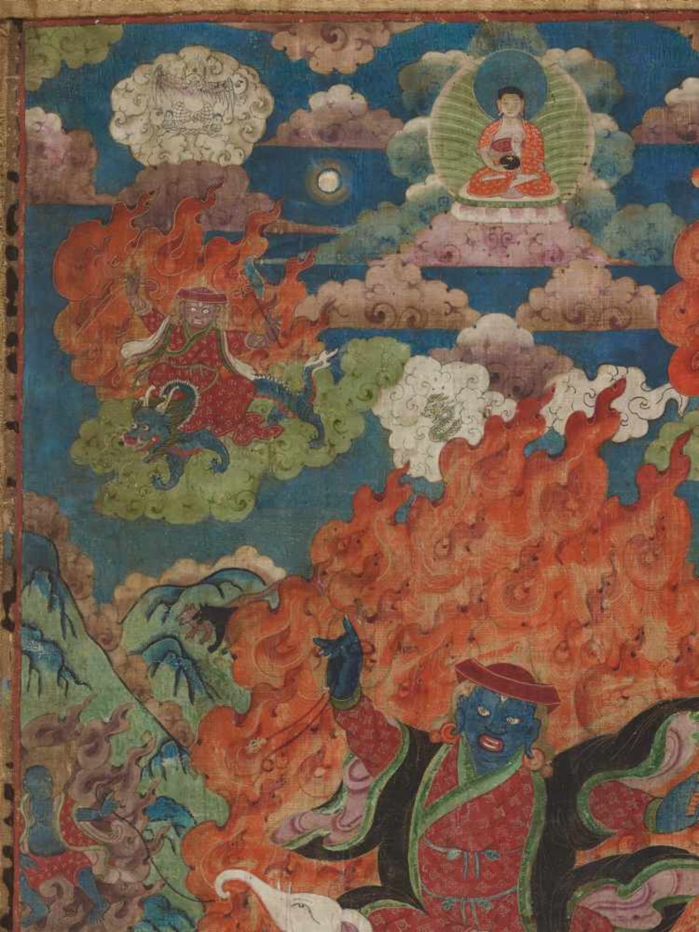 A RARE 19th CENTURY THANGKA DEPICTING PEHAR GYALPO Distemper and gold paint on cloth, framed in - Image 4 of 9