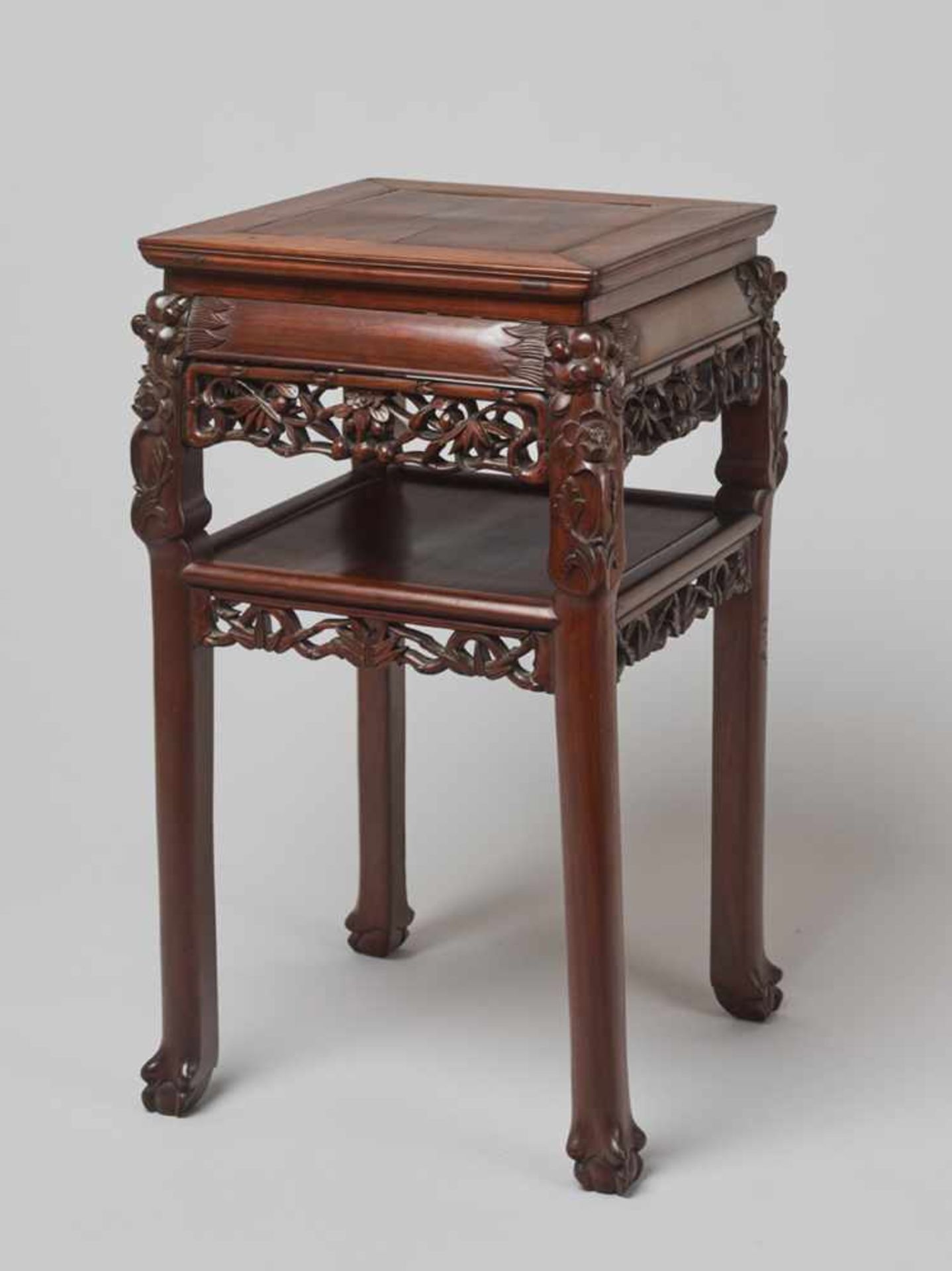 A FINELY CARVED SQUARE WOODEN TWO-STOREY HIGH TABLE, QING DYNASTY Made of several jointed pieces - Image 4 of 7