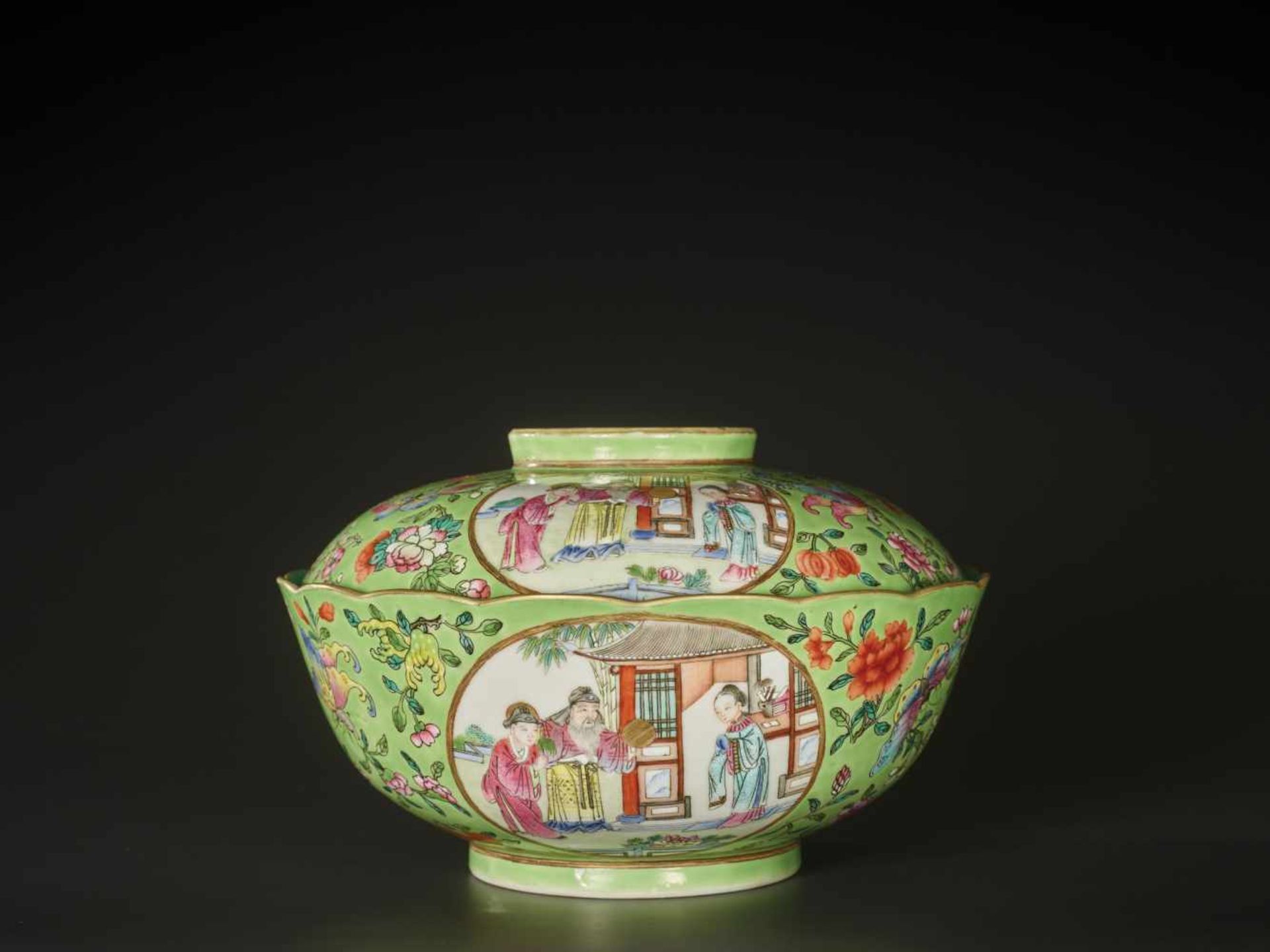 A RARE FAMILLE ROSE LIME-GROUND ‘MUDAN TING’ BOWL AND COVER, DAOGUANG Daoguang six-character seal - Image 14 of 20