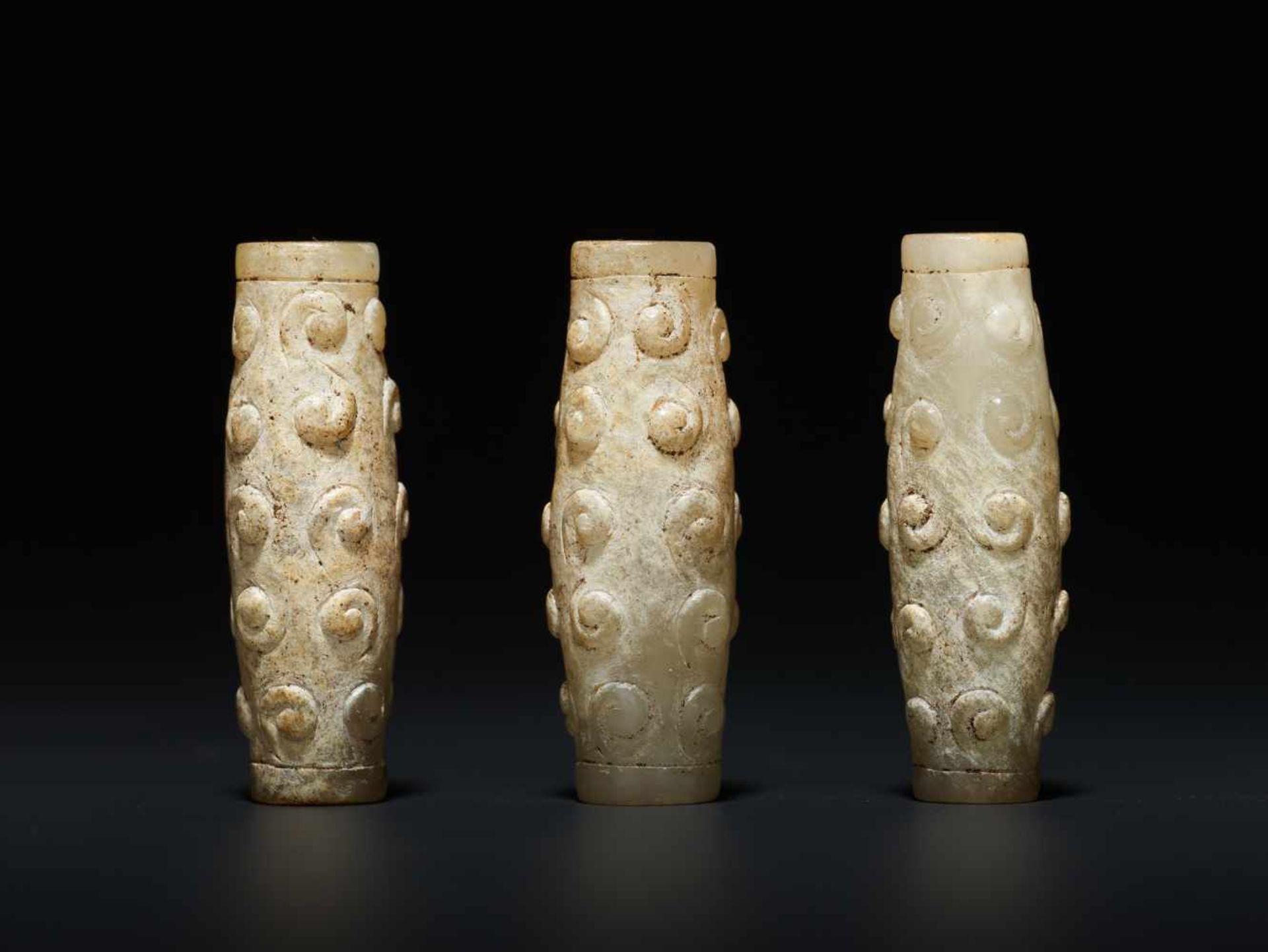 THREE BEADS WITH PATTERN OF RAISED CURLS This jade is published in Filippo Salviati 4000 YEARS OF - Image 3 of 4