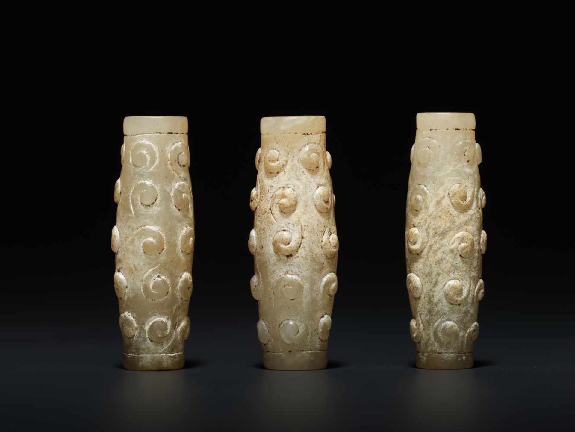 THREE BEADS WITH PATTERN OF RAISED CURLS This jade is published in Filippo Salviati 4000 YEARS OF - Image 4 of 4