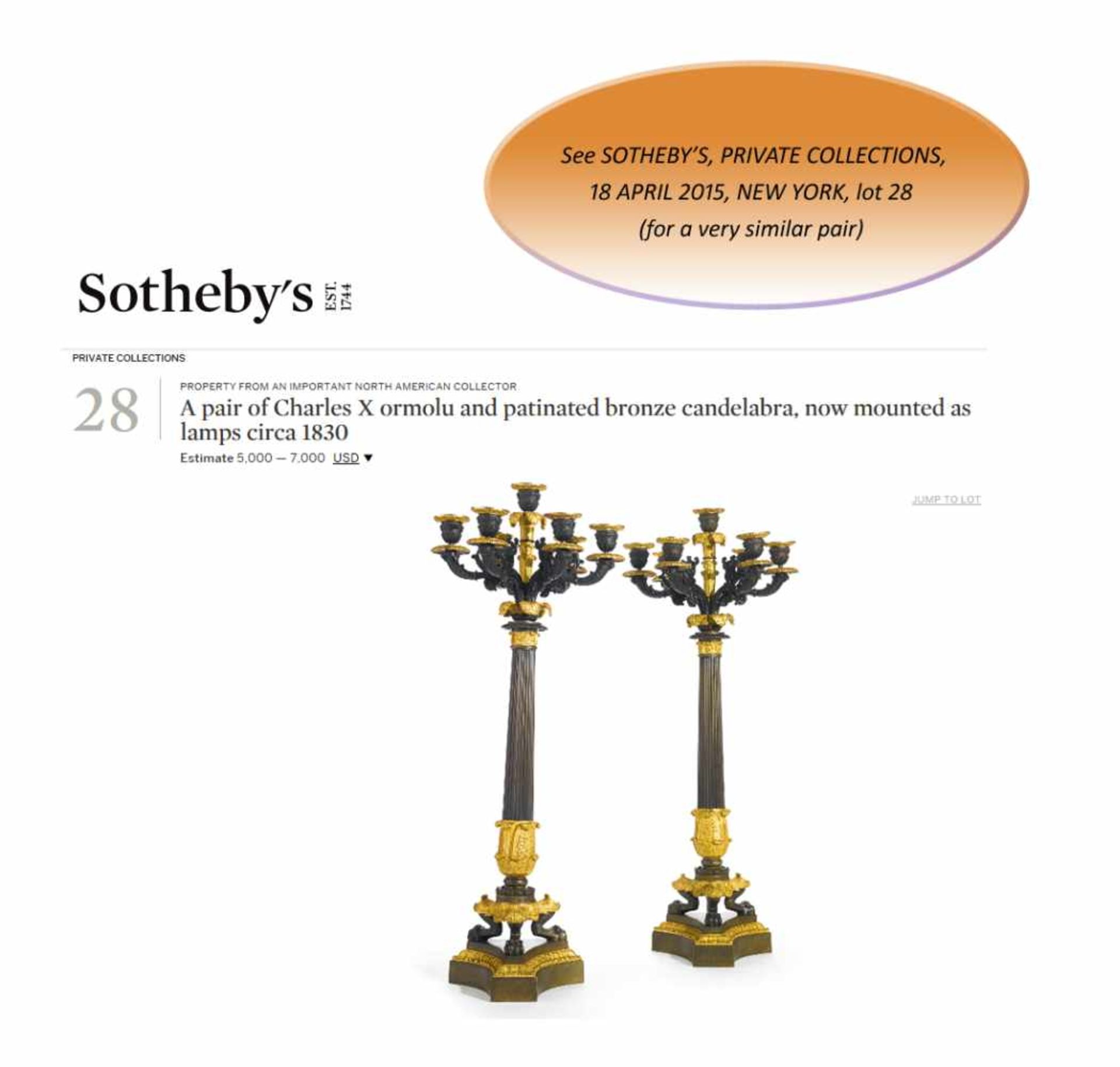 A LARGE PAIR OF CHARLES X BRONZE AND ORMOLU SIX-LIGHT CANDELABRA, 1820sPatinated and fire gilt - Bild 2 aus 8