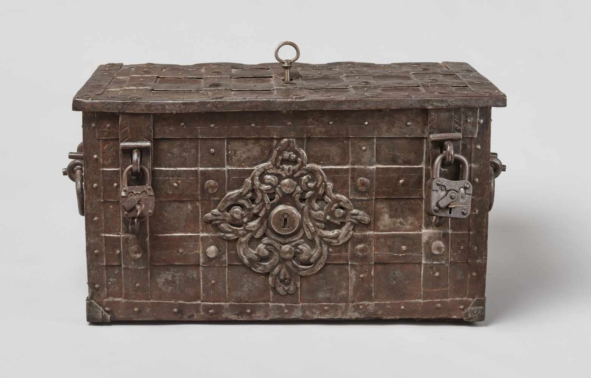 A 17th CENTURY GERMAN WROUGHT IRON ‘ARMADA’ CHEST WITH MERMAIDSWrought iron, paintGermany17th