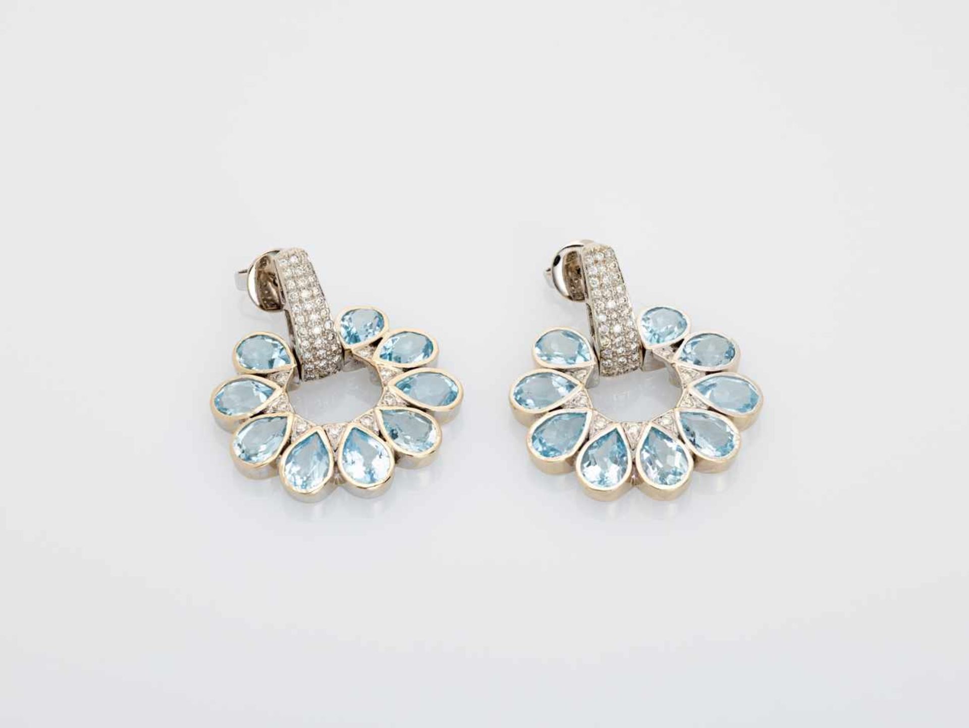 A PAIR OF 18 CARAT GOLD AND DIAMOND EARRINGS WITH AQUAMARINE DROPSincised at the sides with the - Image 3 of 6