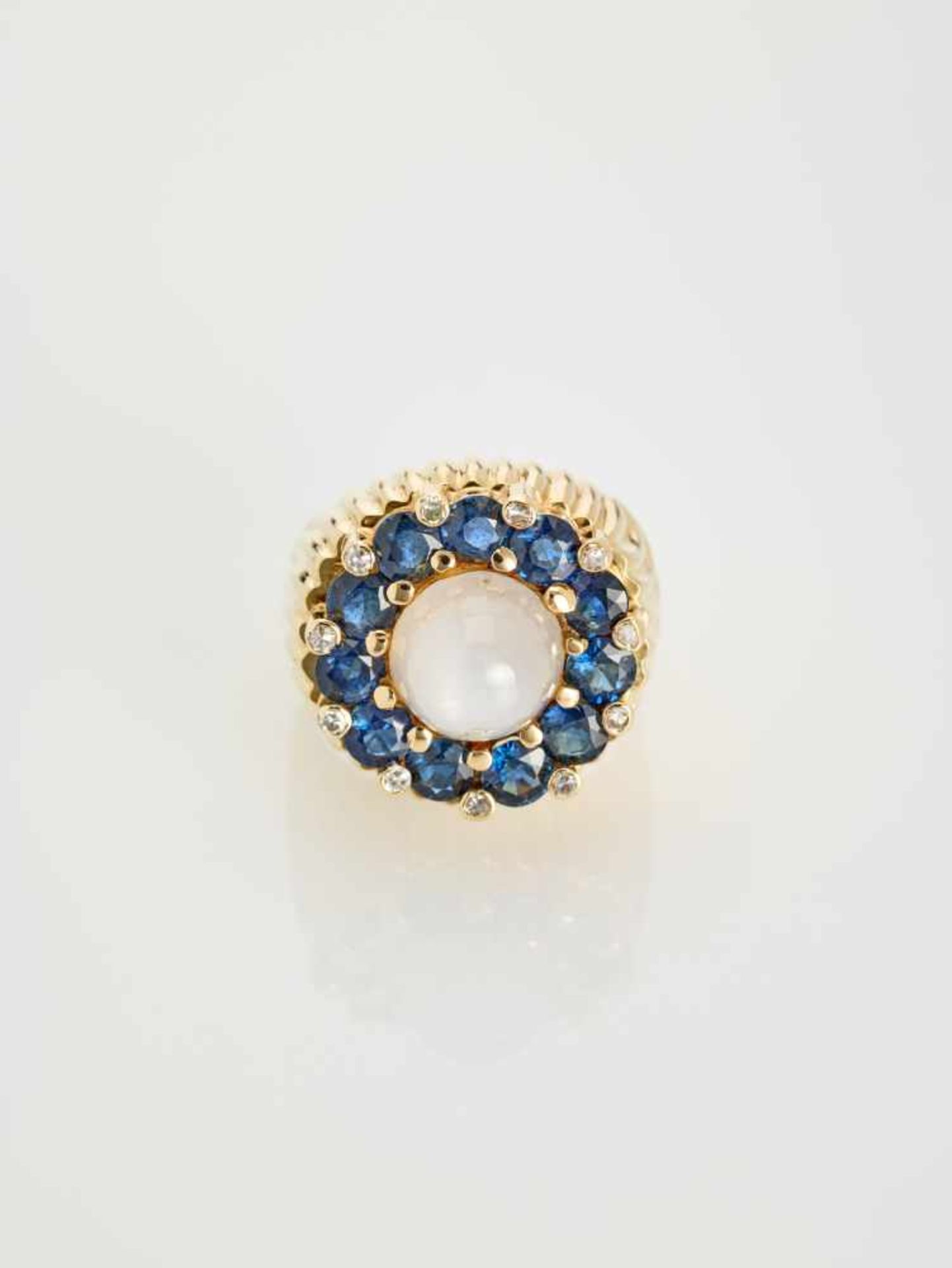 A SAPPHIRE, DIAMOND AND MOONSTONE YELLOW GOLD COCKTAIL RING BY PALTSCHOAustriaErwin Paltscho, - Image 2 of 7