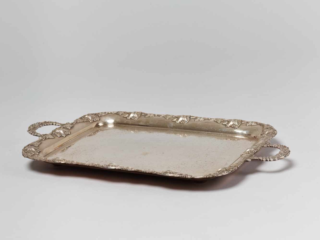 LARGE SILVER PLATE SERVING TRAY WITH WINE GRAPES DECORATION, 1900sSilver plate - Image 8 of 8