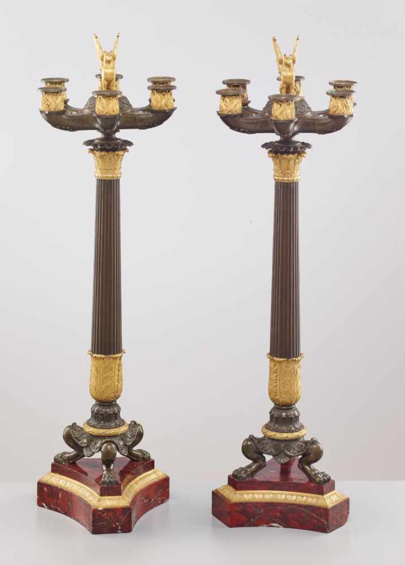 A LARGE PAIR OF CHARLES X BRONZE AND ORMOLU SIX-LIGHT CANDELABRA, 1820sPatinated and fire gilt - Image 6 of 8