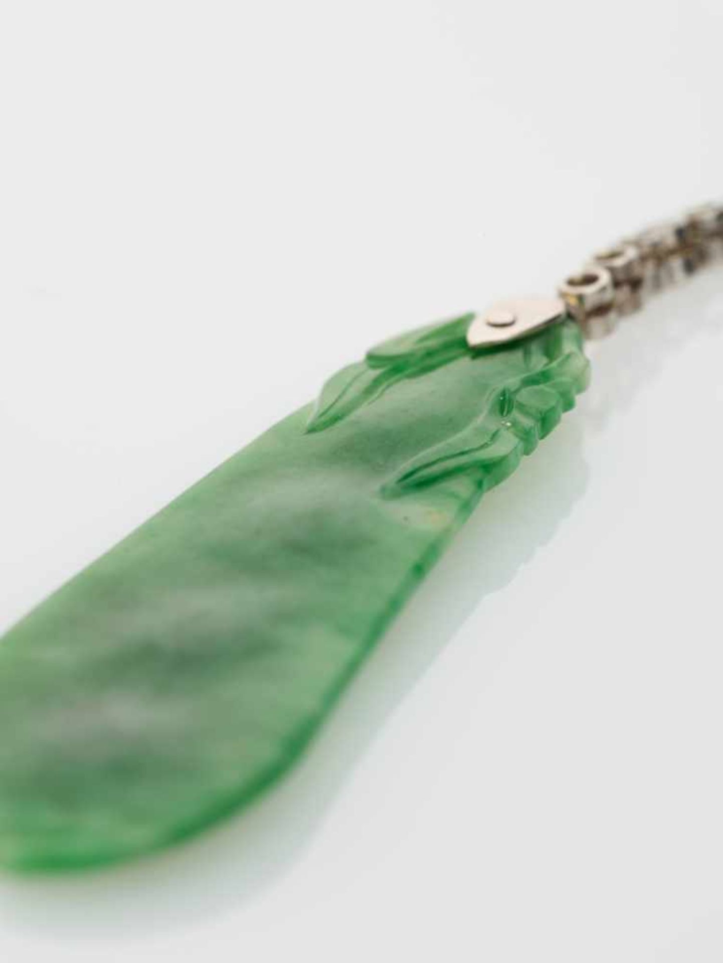 A PAIR OF APPLE GREEN JADE AND DIAMOND PENDANT EARRINGSpossibly Frenchafter 1930, marked ‘750’Each - Image 5 of 6