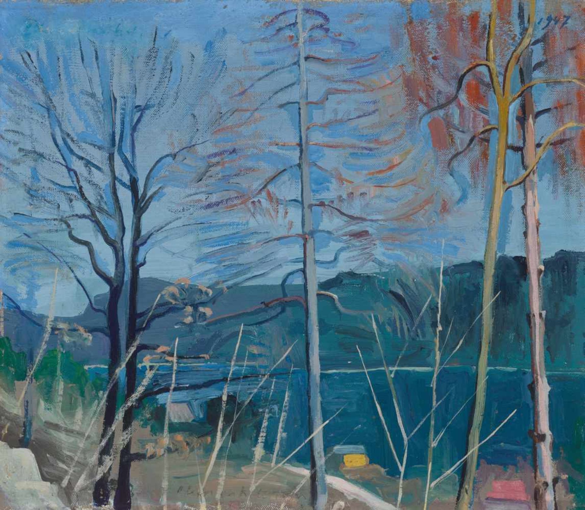 ARNOLD CLEMENTSCHITSCH (1887-1970, OIL PAINTING ‘TREES AT A LAKE’ 1947Arnold Clementschitsch (1887-