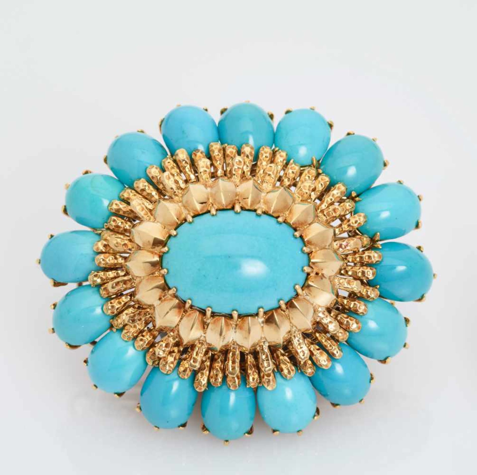 A DAVID WEBB 18 CARAT GOLD AND TURQUOISE ‘SOLEIL’ BROOCHNew York, USAca. 1960, signed ‘WEBB’ on