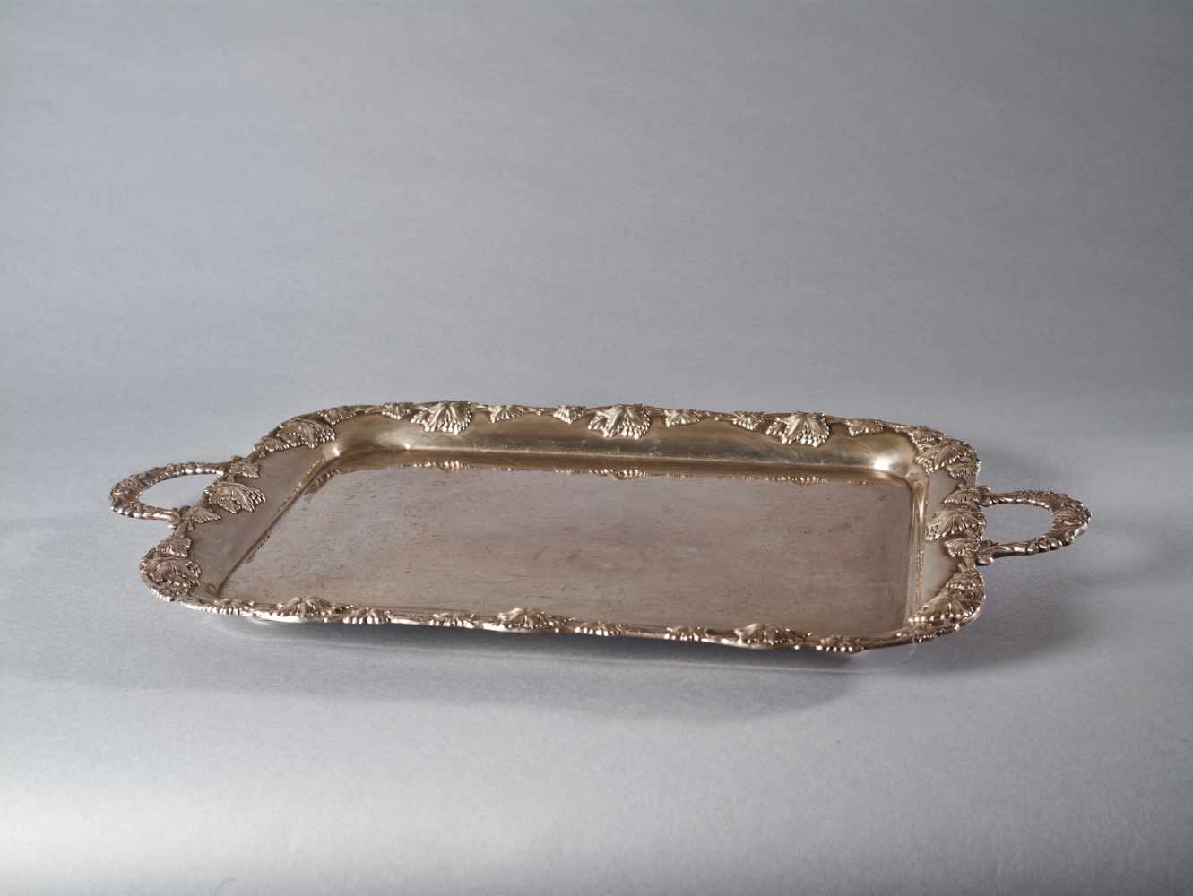 LARGE SILVER PLATE SERVING TRAY WITH WINE GRAPES DECORATION, 1900sSilver plate