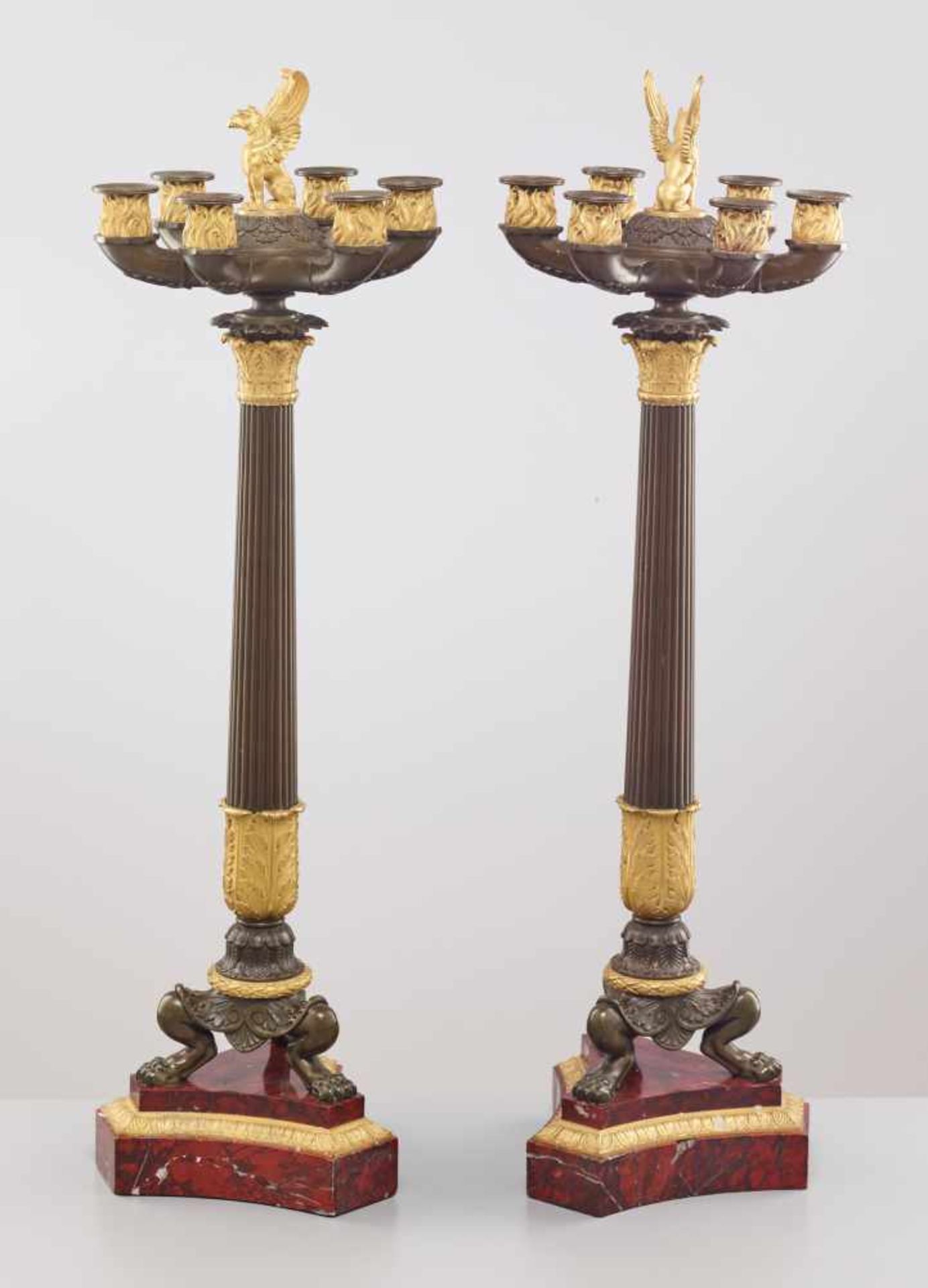 A LARGE PAIR OF CHARLES X BRONZE AND ORMOLU SIX-LIGHT CANDELABRA, 1820sPatinated and fire gilt - Image 7 of 8