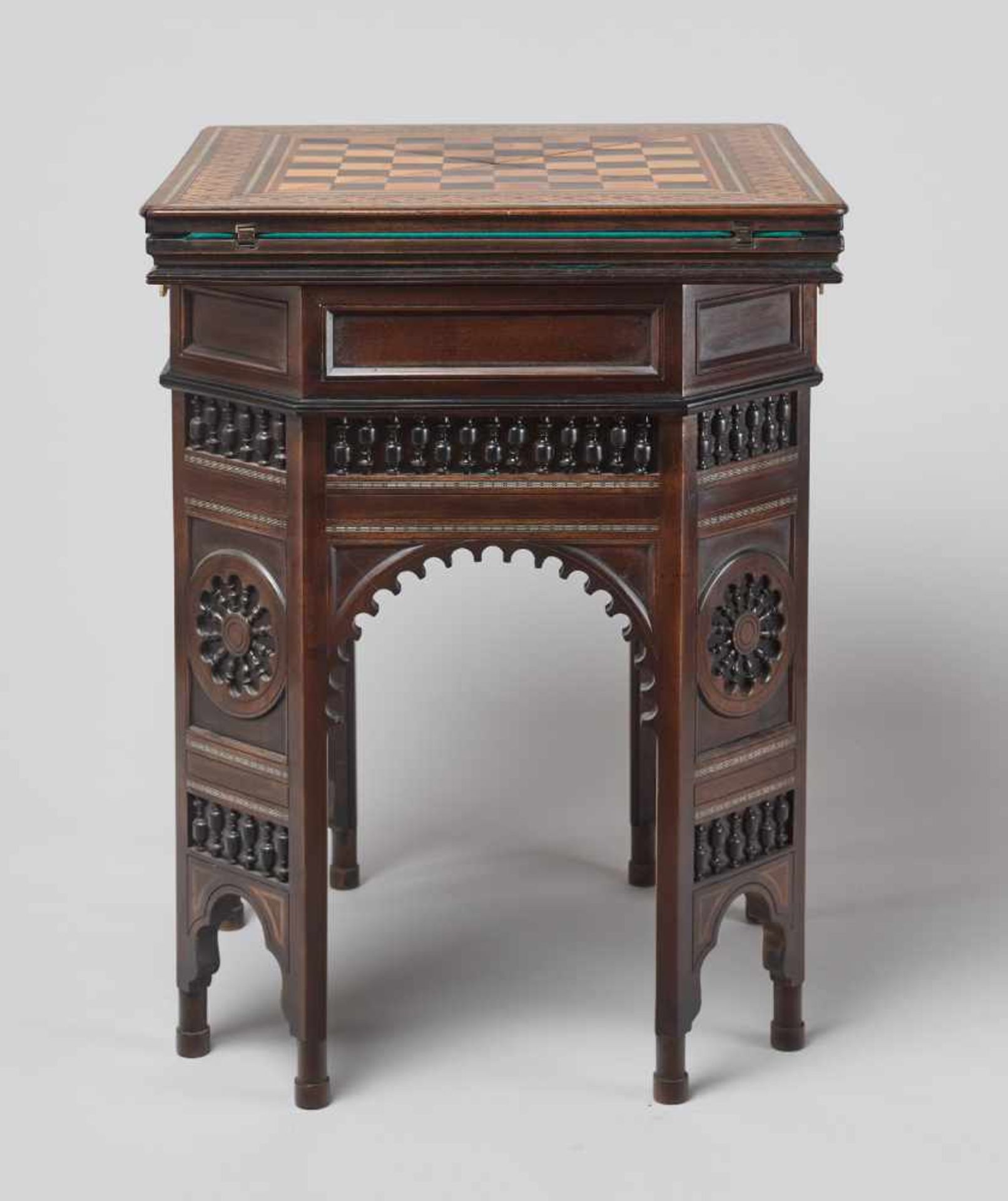 A VERY RARE CARD AND CHESS GAMES TABLE IN ORIENTAL STYLE, VIENNA 1880sWood with marquetry work, - Bild 8 aus 18