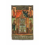RARE RUSSIAN ICON WITH BRASS AND ENAMEL INLAYS AND OKLAD, 19th CENTURYWood, polychrome egg tempera