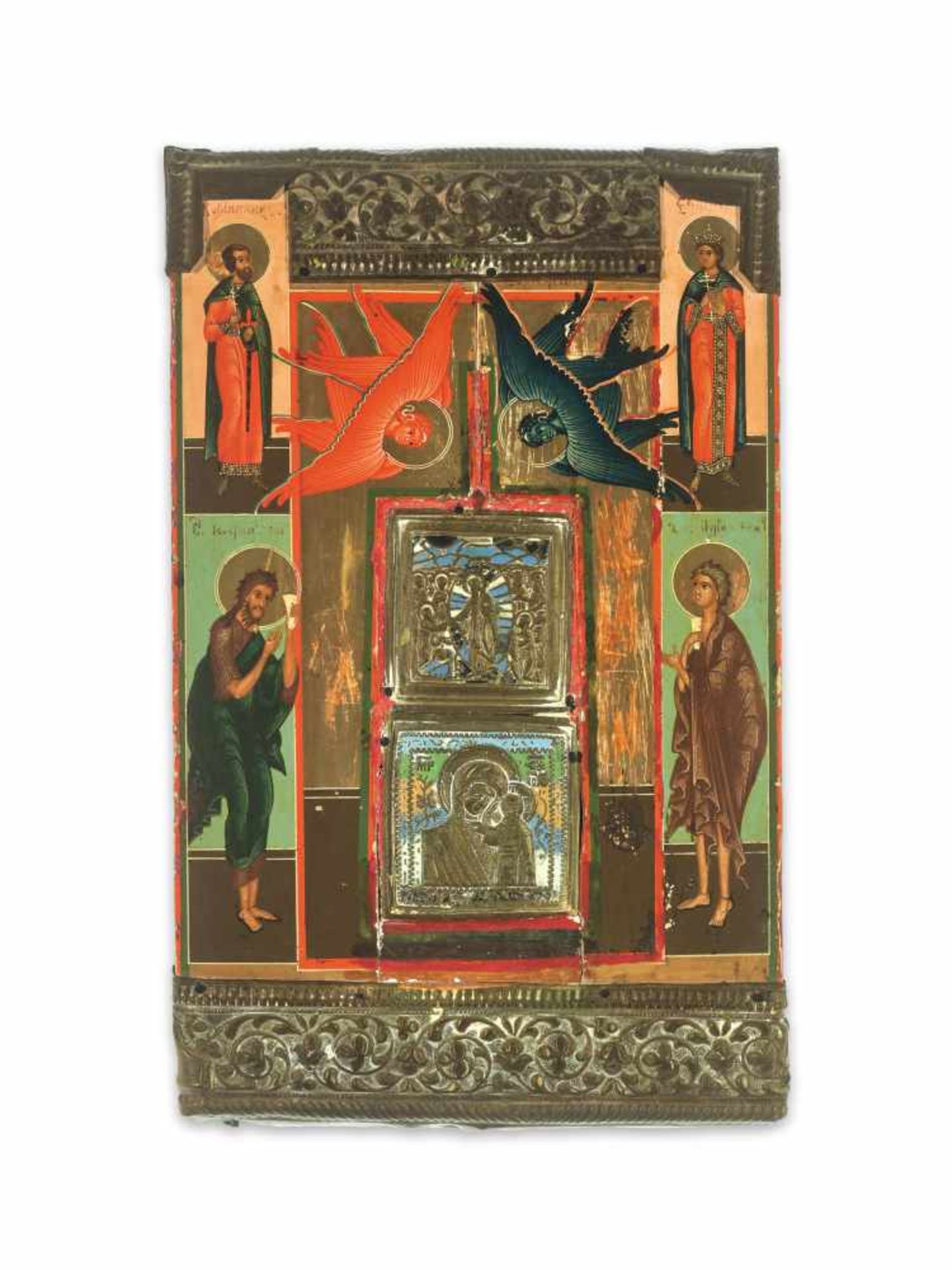 RARE RUSSIAN ICON WITH BRASS AND ENAMEL INLAYS AND OKLAD, 19th CENTURYWood, polychrome egg tempera