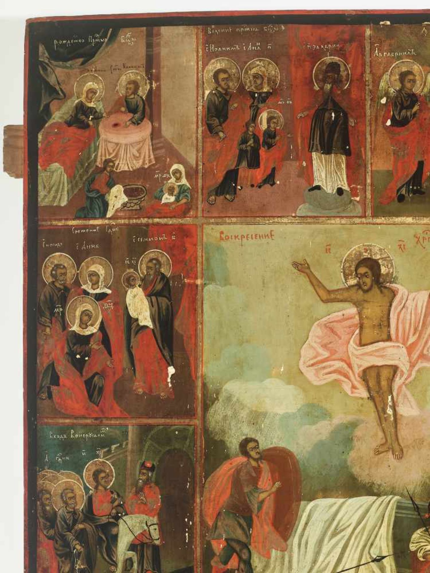 LARGE RUSSIAN ICON ‘RESURRECTION AND THE TWELVE GREAT FEASTS’, 19th CENTURYWood, polychrome egg - Bild 3 aus 5